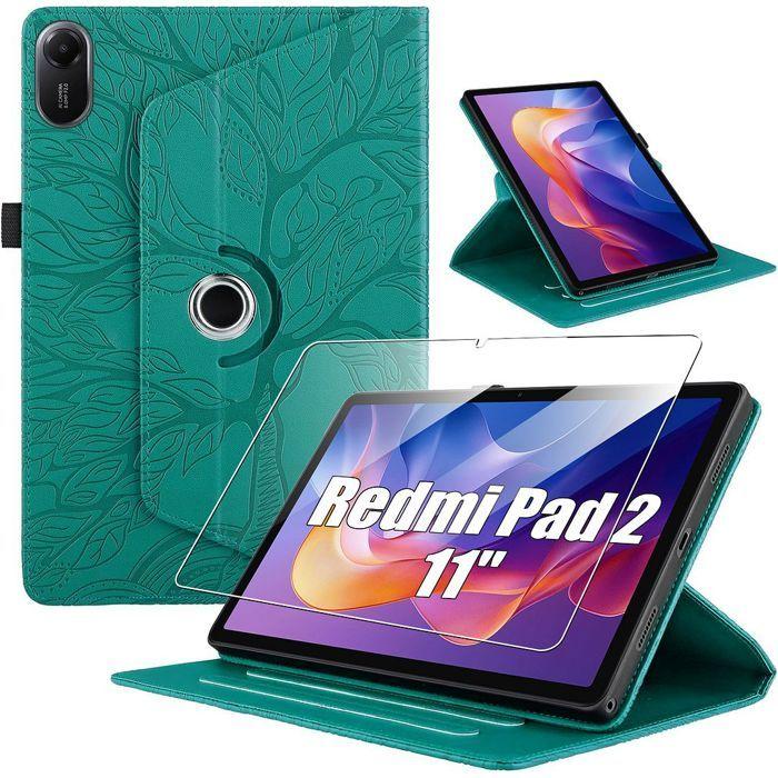 Coque + Verre Trempé pour Xiaomi Redmi Pad 2 11 Pouces 2025, Protection Anti-Rayrues Cuir PU Vert