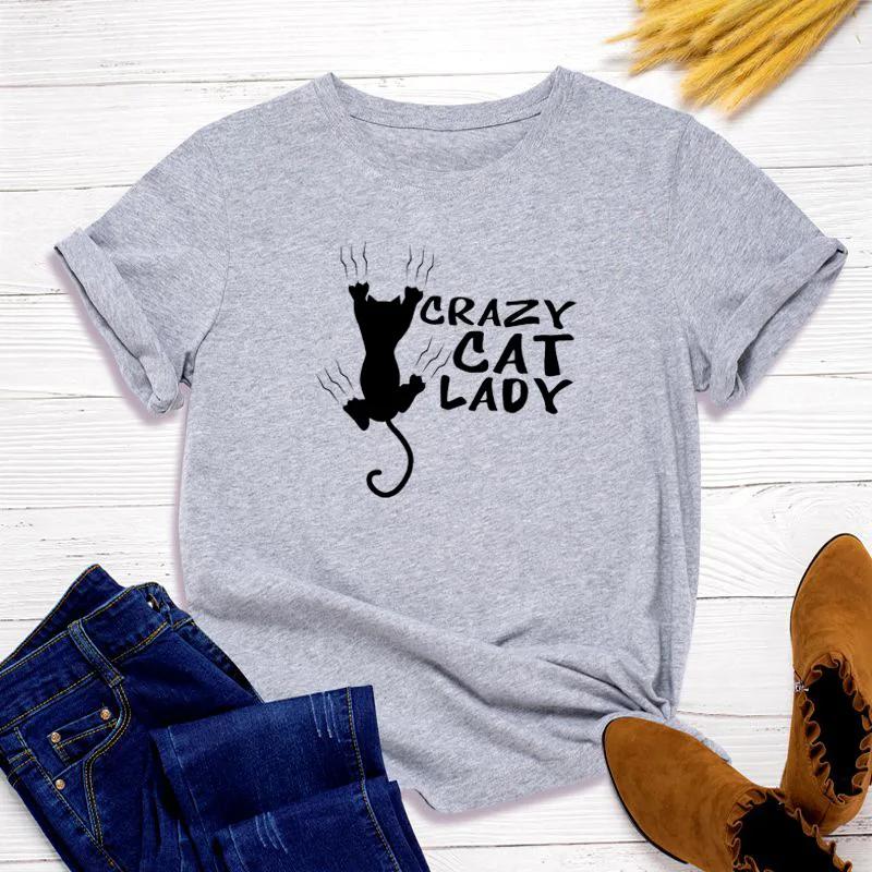 Crazy Cat Lady Print Women T Shirt Short Sleeve O Neck Loose Women Tshirt Ladies Tee Shirt Tops Clothes Camisetas Mujer