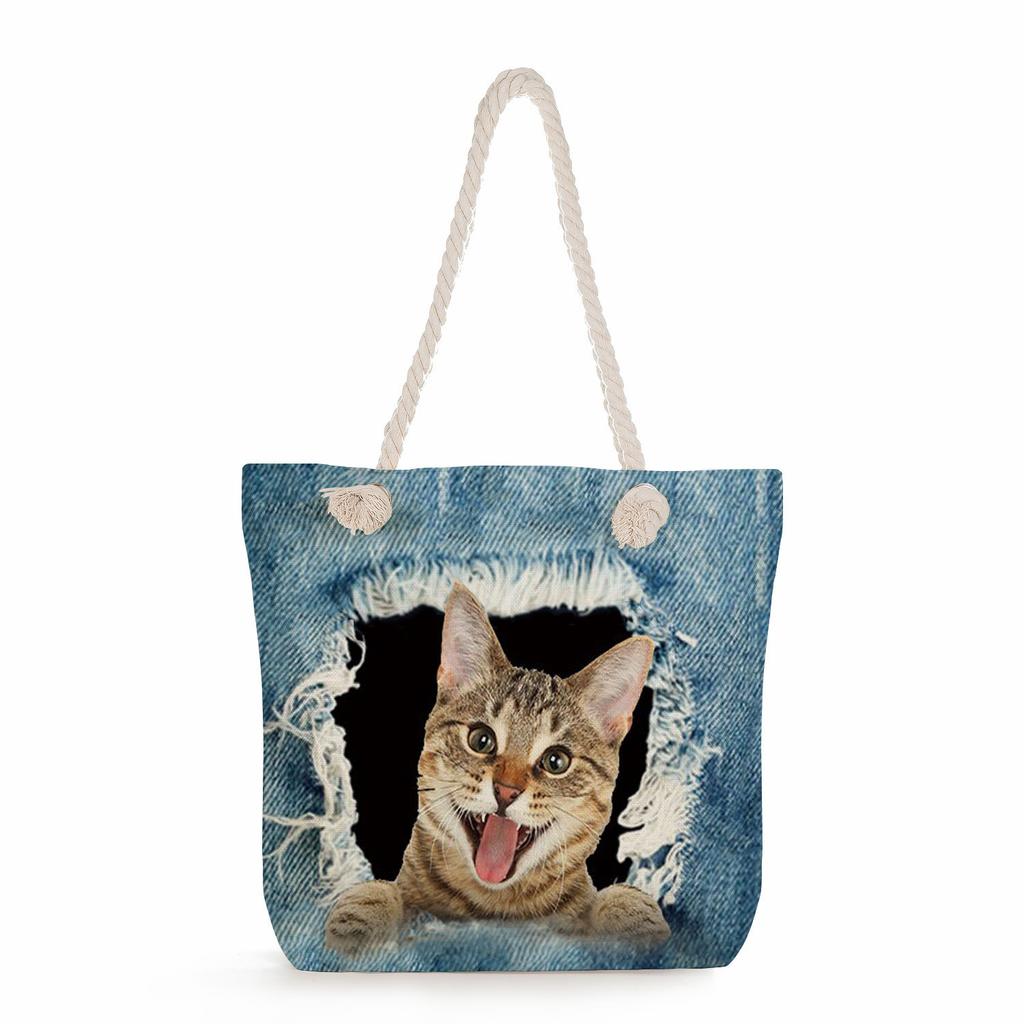 Cat print thick rope single-shoulder beach bag 7266 CLE