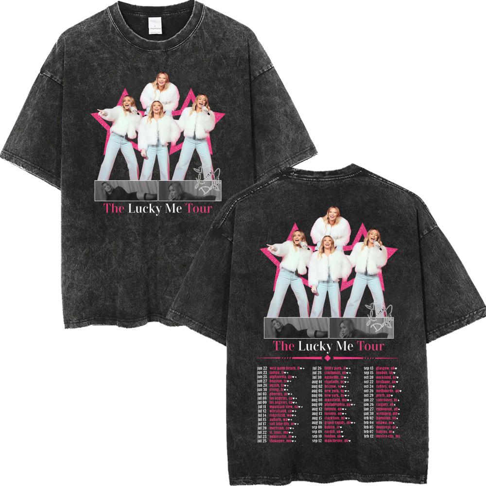 Hilary Duff The Lucky Me Tour Vintage Washed Tshirt Fashion Aesthetic Short Sleeve Tshirts Men Women Casual Loose T Shirt