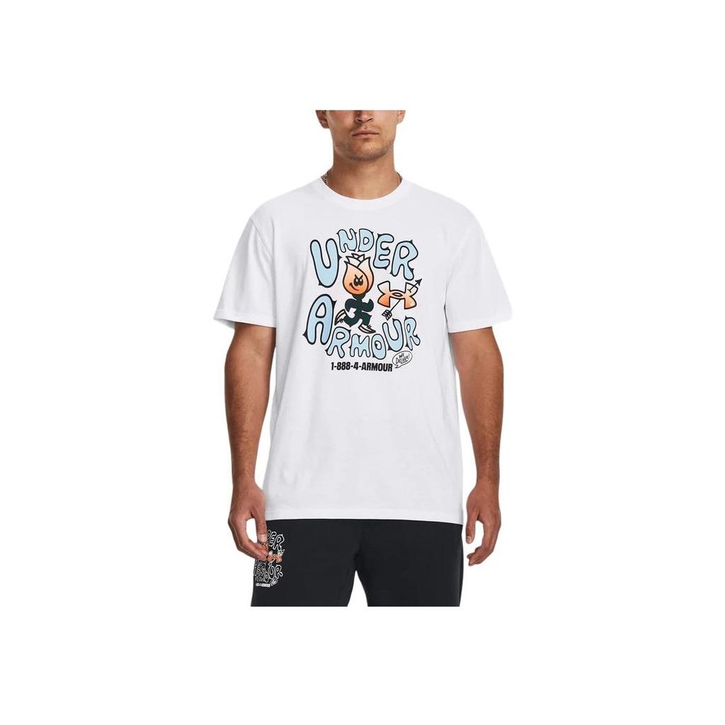 Under Armour Футболка мужская с коротким рукавом и круглым вырезом, с принтом в виде розового пламени и мультяшными буквами, белая 1380916-100