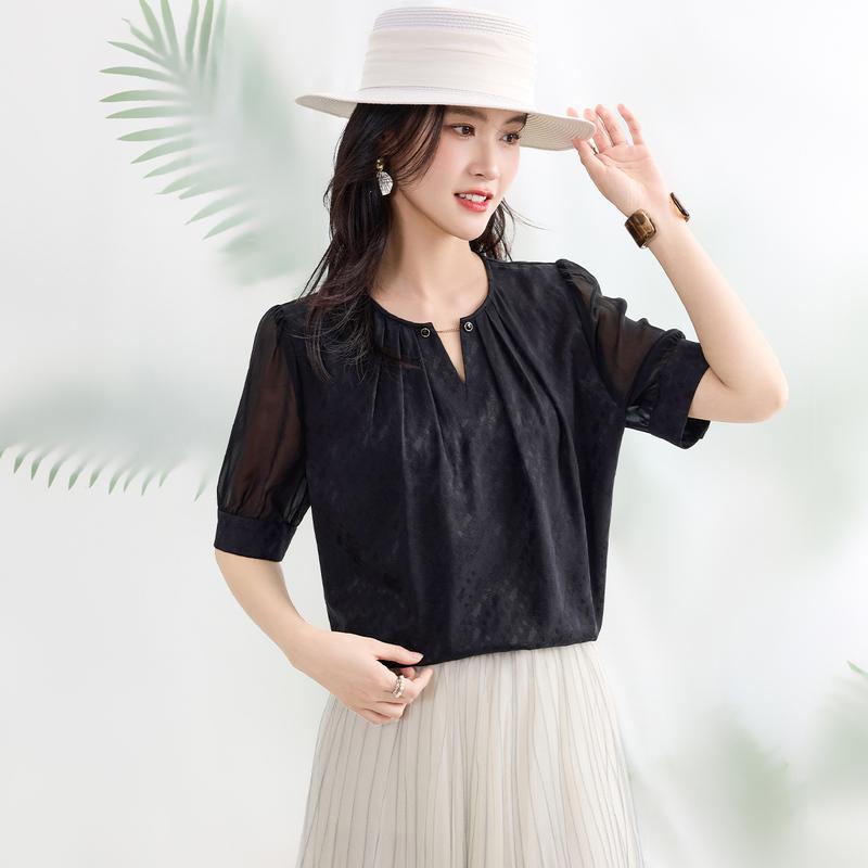 21 Mu Mi Sang Silk Round Neck Solid Color Mulberry Wave Satin Jacquard Design 26 Summer Versatile Women's T-shirt