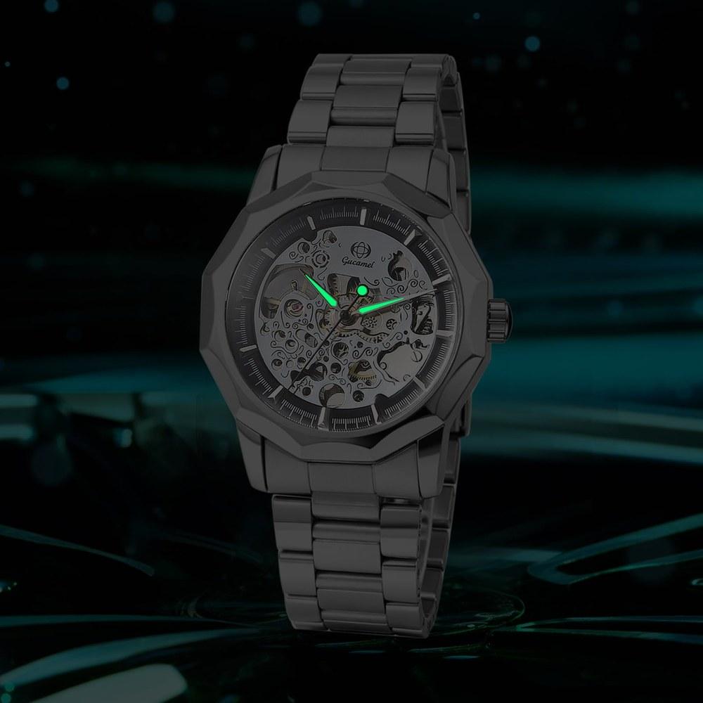 Oidea Men's Octagonal Automatic Mechanical Watch Silver Business Classic Simple Gear Style Luminous Stainless Steel Durable Gift