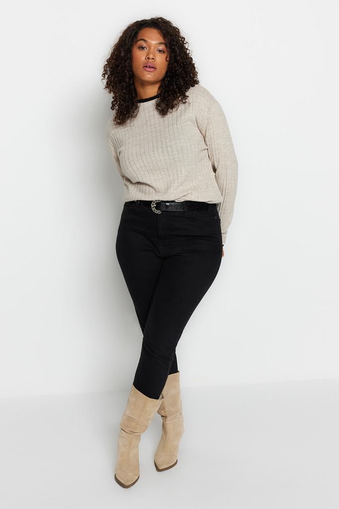 Women's Fashion New Plus Big Size Sweater Black Stripe Detailed Knitwear Sweater