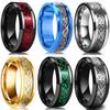 8 Colors 8mm Men's Stainless Steel Dragon Ring Inlay Red Green Black Carbon Fiber Ring Wedding Band Jewelry Size 7-12