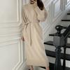 Women Dress High Waist Cold Resistant Windproof Women Solid Belt Pullover Knitted Sweater Midi Dress for Outdoor