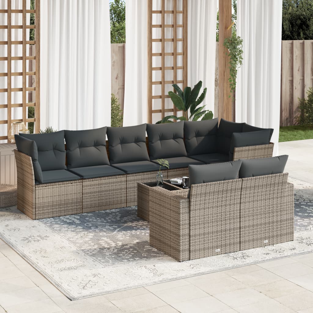 9 Piece Garden Sofa Set with Cushions Gray Poly Rattan
