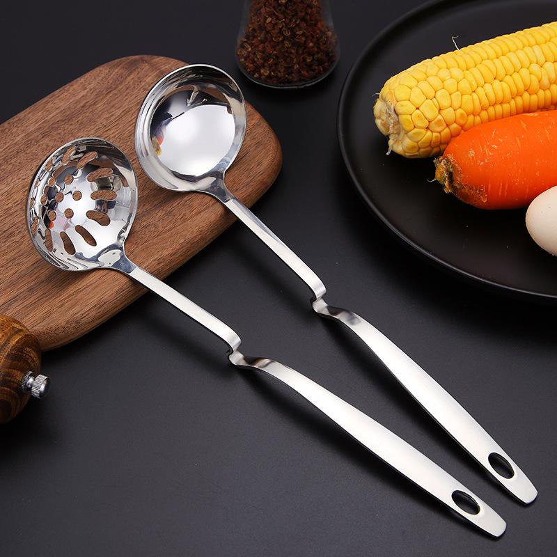 Stainless Steel Kitchen Utensil Set: Soup Ladle, Slotted Spoon, Wall Hanging Hot Pot Spoon, Long Handle, Thickened Design
