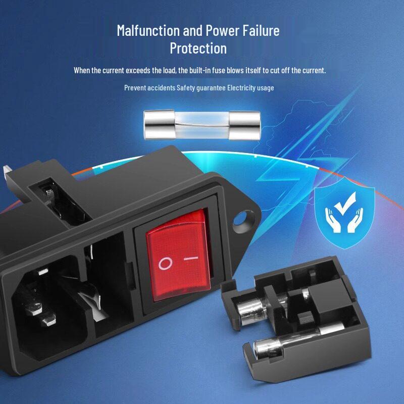 3-in-1 Schuko Socket with Cord, Large Rocker Switch, Dual Fuses, AC Power, Female.