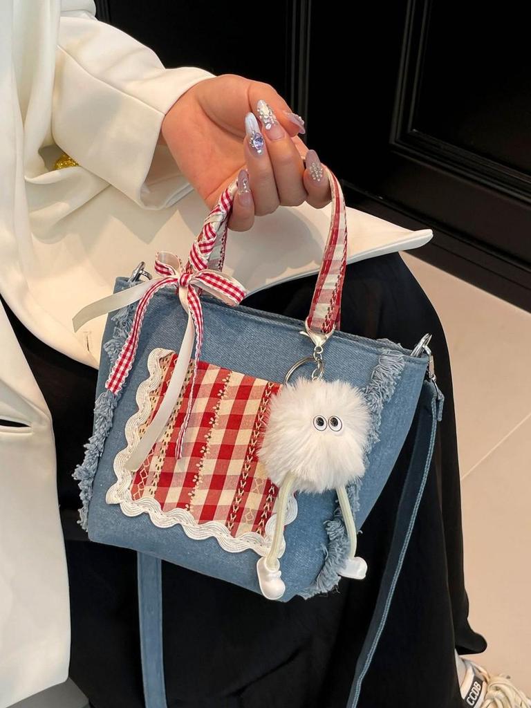 Korean Style Plaid Lace Bucket Handbag - Cute Bow Crossbody