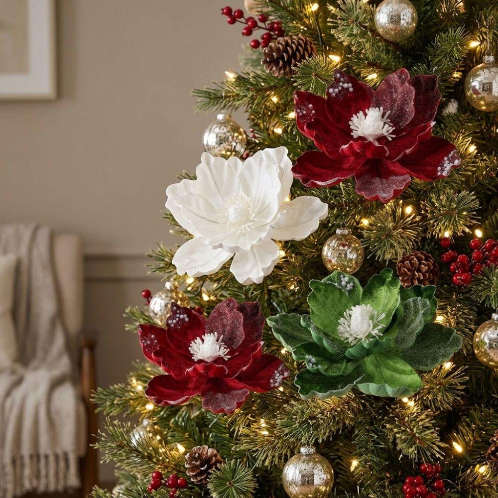 Lifelike Flocked Christmas Magnolia Flowers Christmas Tree Floral Pick Table Centerpiece