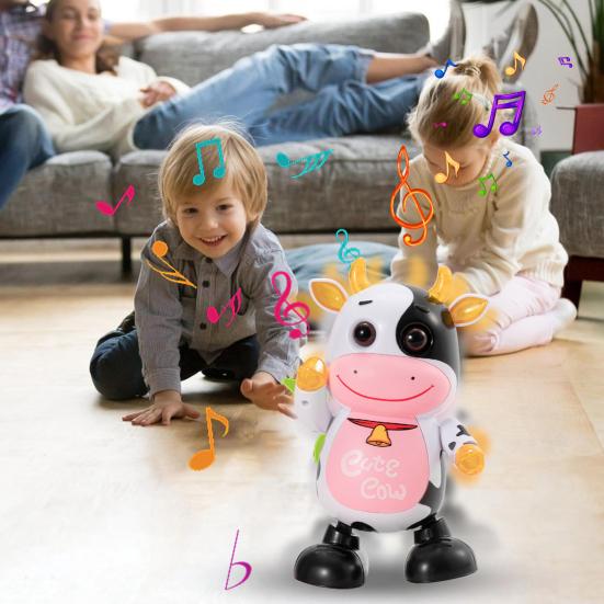 Kids Electric Cow Toy with LED Light Music Singing Dancing Cartoon Dairy Cattle Toy Toddlers Interactive Educational Movable Eyes Animal Musical Toy
