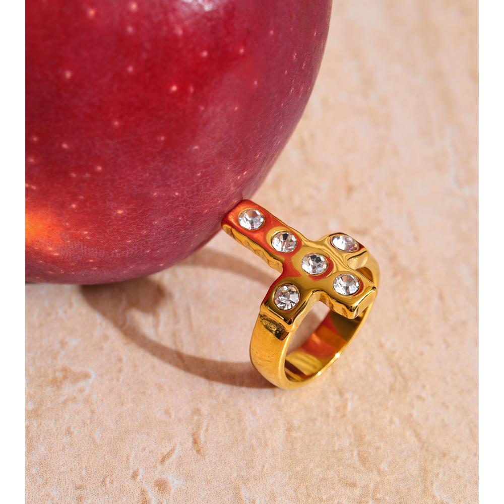 Yhpup Size 7 Shiny Cubic Zirconia Cross Fashion Casting Ring for Women Golden PVD Stainless Steel Premium Jewelry Rust Proof