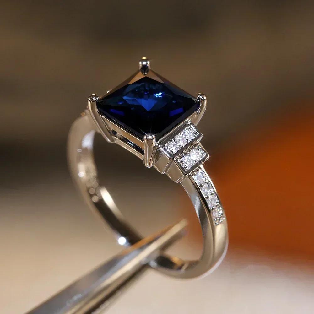 Blue Square Cut Four Claws Women Ring Vintage Design Gracious Lady Luxury Inlaid Zircon Female Jewelry Wedding  Rings