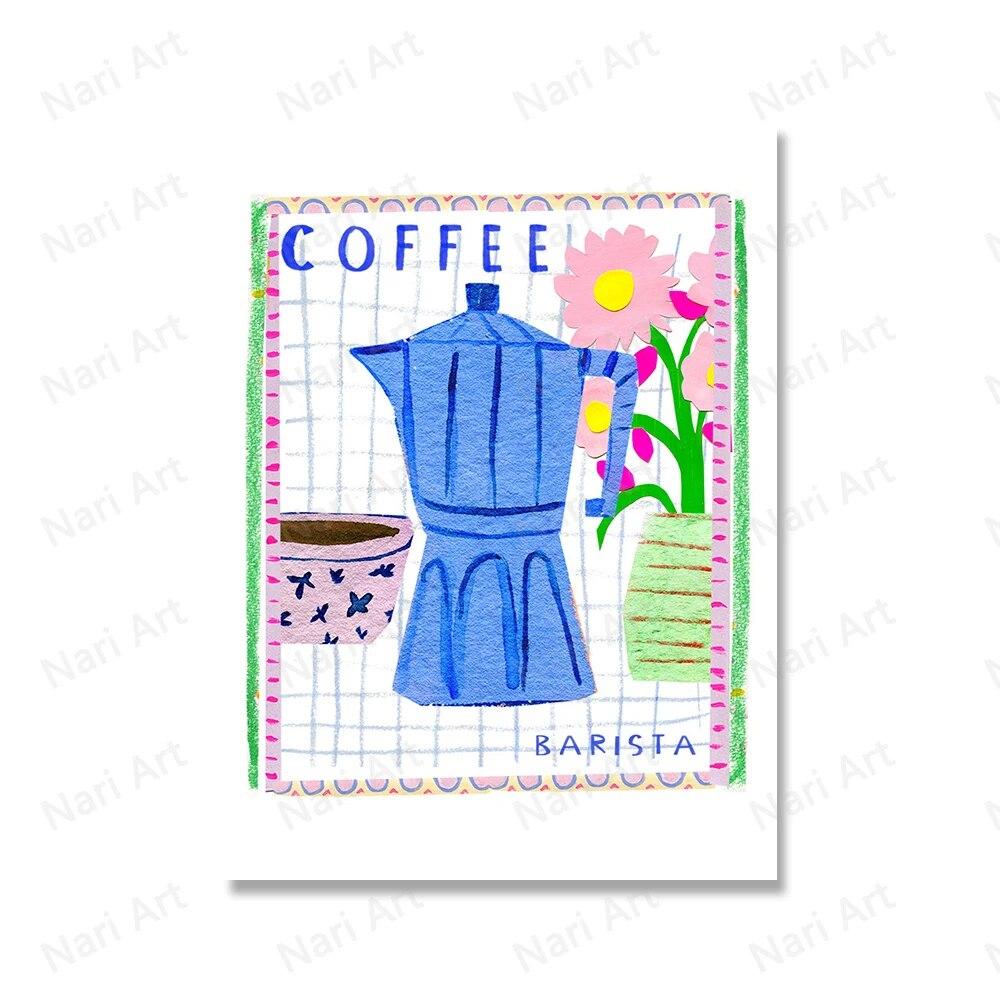 Ретро Еда Кухня Принты Завтрак Кофе Бариста Горшок Фрукты Персик Плакаты Настенная Картина на Холсте Декор Столовой Картина Без Рамки