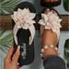 All-Season Floral Embellished Flip-Flops - 1pc Women'S Solid Color Slip-On Vacation Style - Fabric Upper, EVA Sole & Insole, Mid Heel