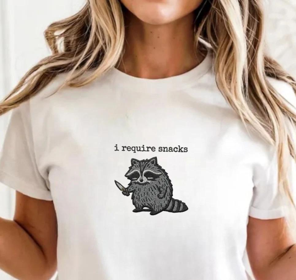 Embroidered Raccoon Snack Lover T‑Shirt – Funny Animal Meme Embroidery Tee Top