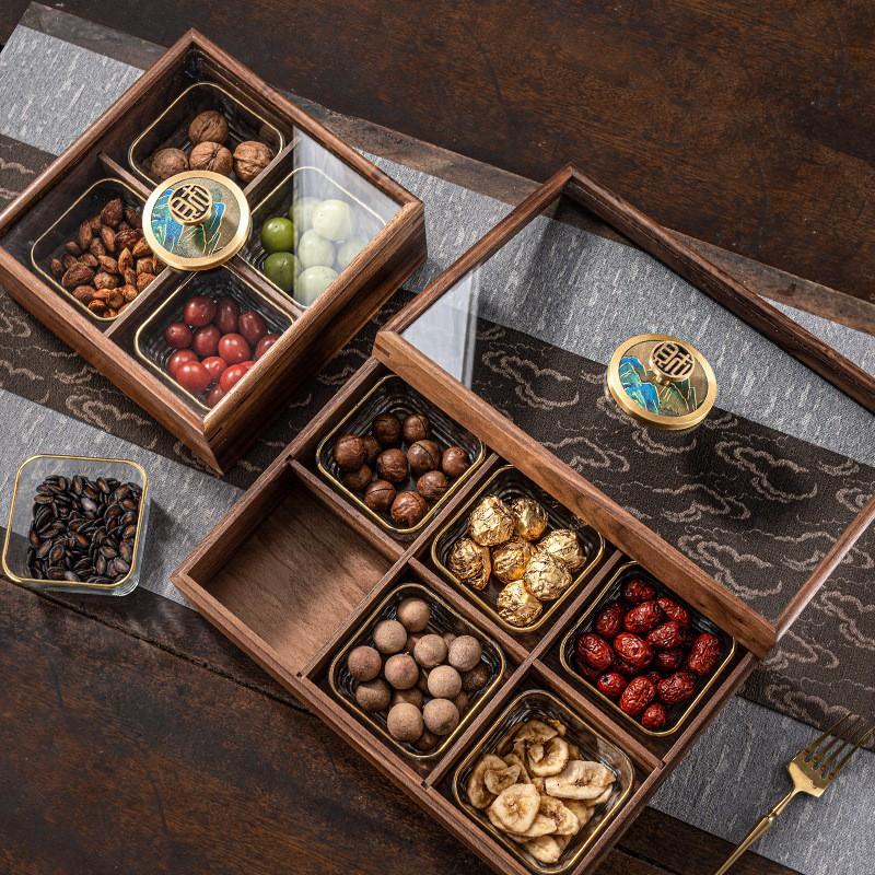 Walnut Wood Serving Tray Set With Compartmentalized Design Nuts Fruits Snacks Living Room Decor Modern Chinese Style