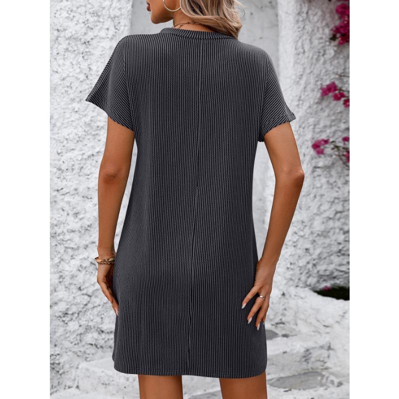 YYFS Женская мода лето весна однотонный принт с коротким рукавом и круглым вырезом свободная талия повседневные платья