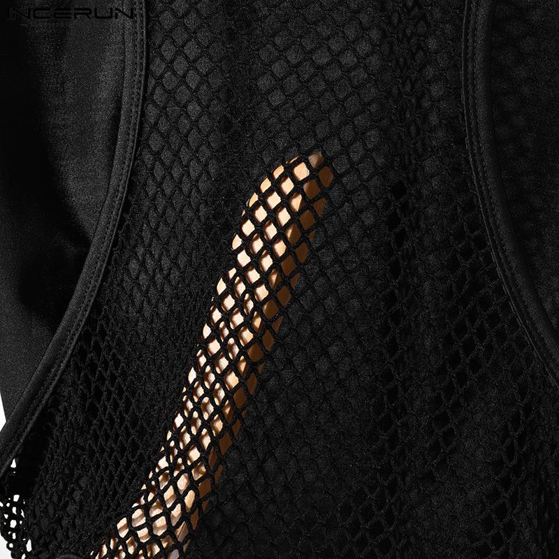 INCERUN Men Mockneck Long Sleeve Mesh Sheer Cutout T-shirts See Through Crop Tops