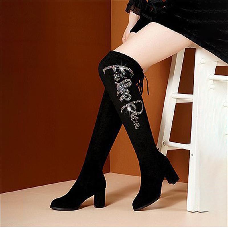 Большие повседневные сапоги до колена, осенне-зимние, на шнуровке, со стразами, на толстом каблуке, бархатные, эластичные, длинные сапоги 35-40