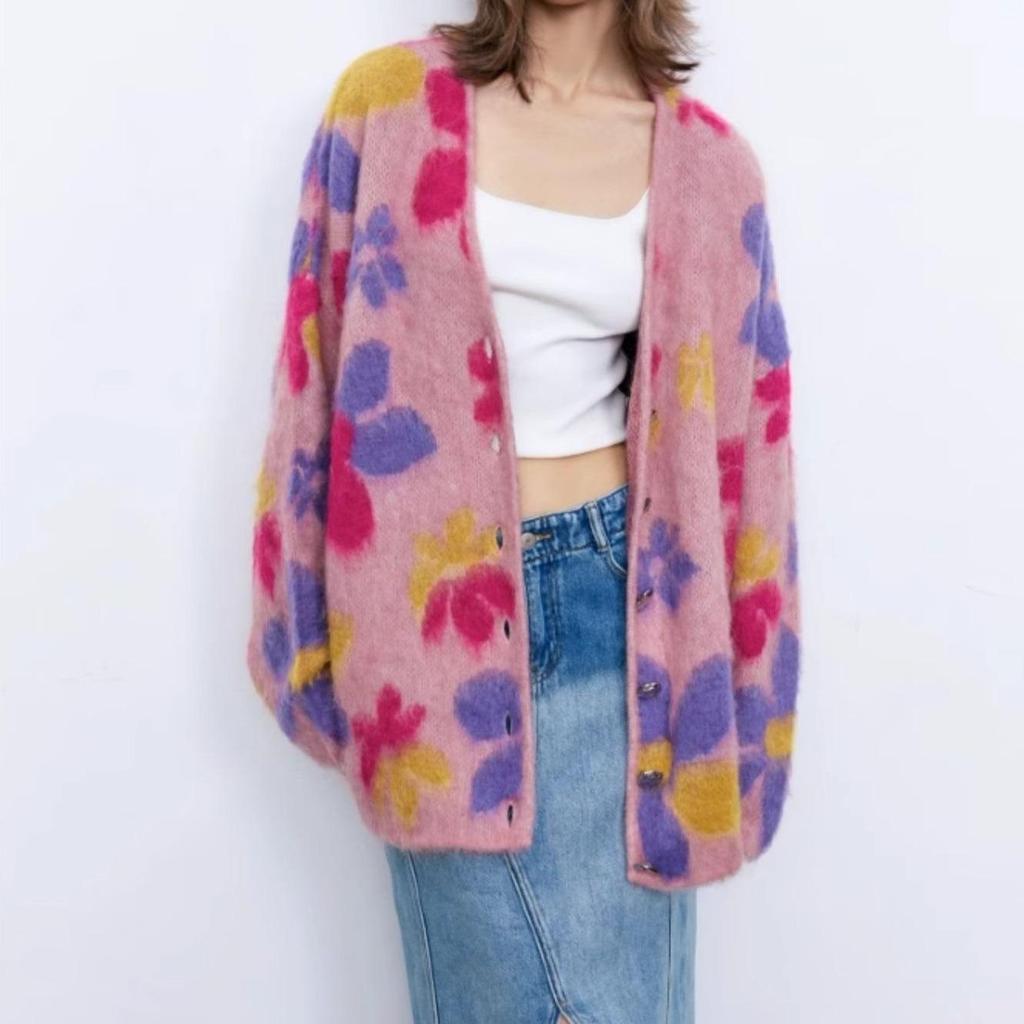 Fabique Rainbow Garden Jacquard Mohair Blend Cardigan for Women - New Autumn/Winter Sweater