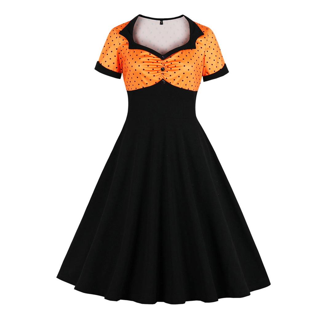 Женское винтажное платье в горошек с лацканами, короткими рукавами и поясом