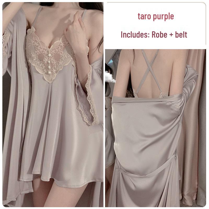 Элегантный кружевной пижамный комплект для весны/лета: Ночная сорочка-майка с открытой спиной и кардиган