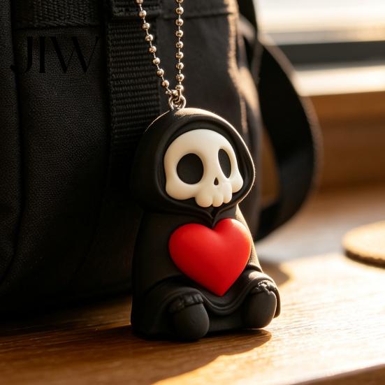 Grim Reaper Purse Charm Holding Heart Keychain Charm, 3D Printed Gothic Skull Decor with Hanging Pendant Ball Chain, Backpacks Bags Decoration,