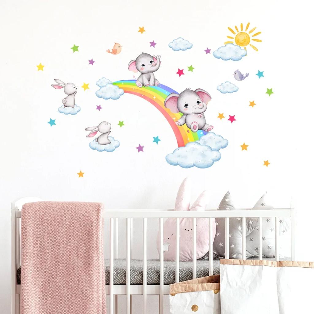 Наклейки на стену со слонами «Радуга и облака» для детской комнаты и фонового украшения стен в комнате — самоклеящиеся настенные рисунки