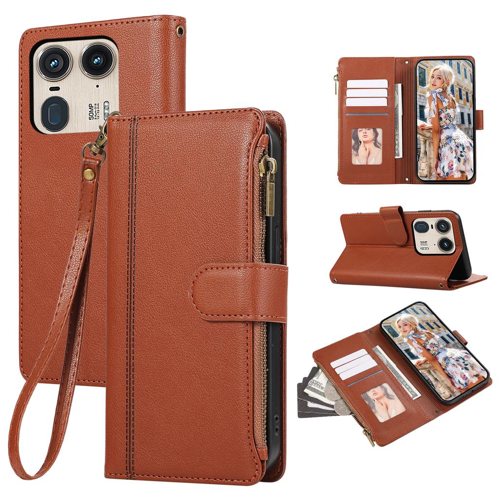 For Motorola Edge 50 Ultra 5G Case Multi Card Slots Zipper Leather Phone Cover with Wrist Strap