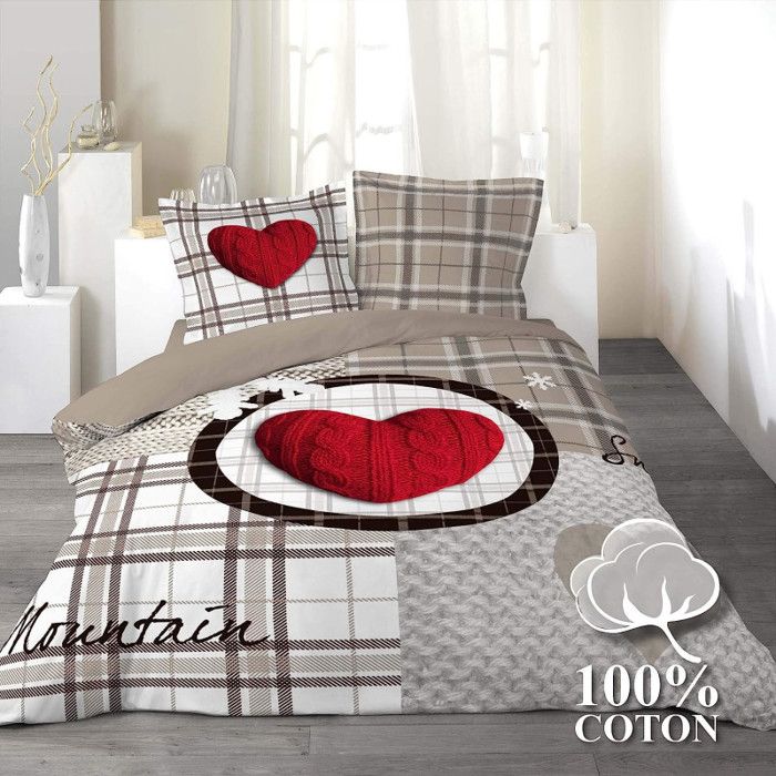 Parure de lit 3 pièces en coton avec imprimé tartan et coeur love mountain - beige et rouge - 240 x 220 cm