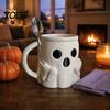 Halloween Party Drinkware Ice Cream Mug with Spoon Holder, 3D Printed Cute Ghost Mug, Shaped Coffee Drinking Cup Pen Holder Decor, Christmas Birthday