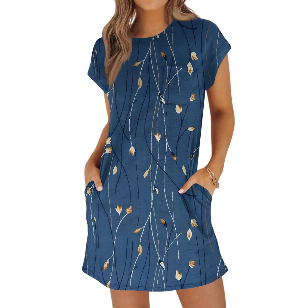 Женская мода повседневная летняя винтажная цветочная печать короткий рукав круглый вырез свободное платье с карманами