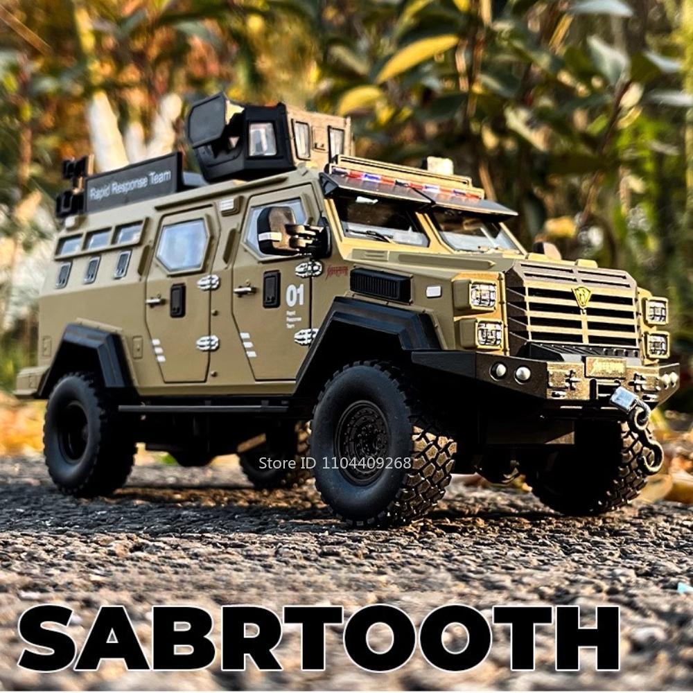 Scale 1:24 Sabertooth Car Model Toy Doors Opened Pull Back Metal Diecast Shock Absorption Armored Vehicles Desktop Ornaments
