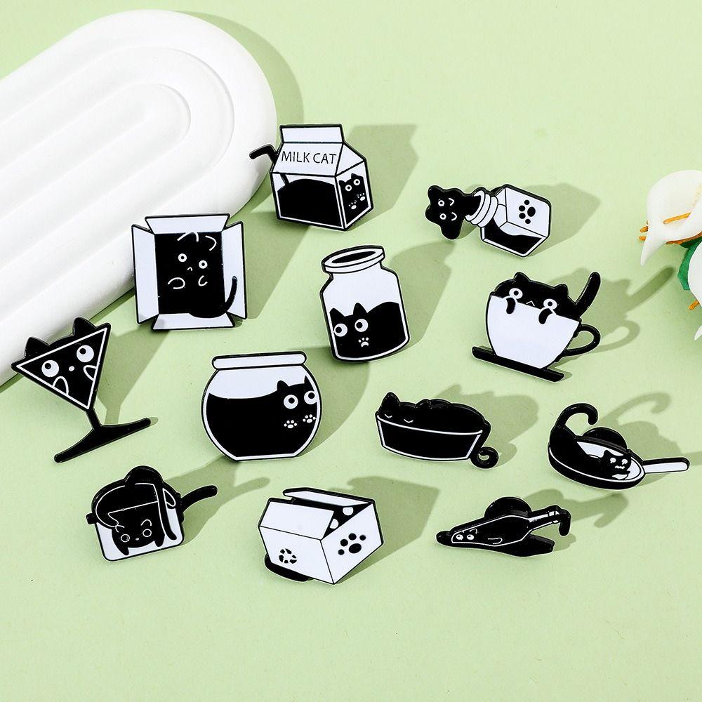 Жидкая Серия Кошек Черный Кот в Чашке с Водой Брошь Банка Кот Металлический Значок Аксессуары для Одежды