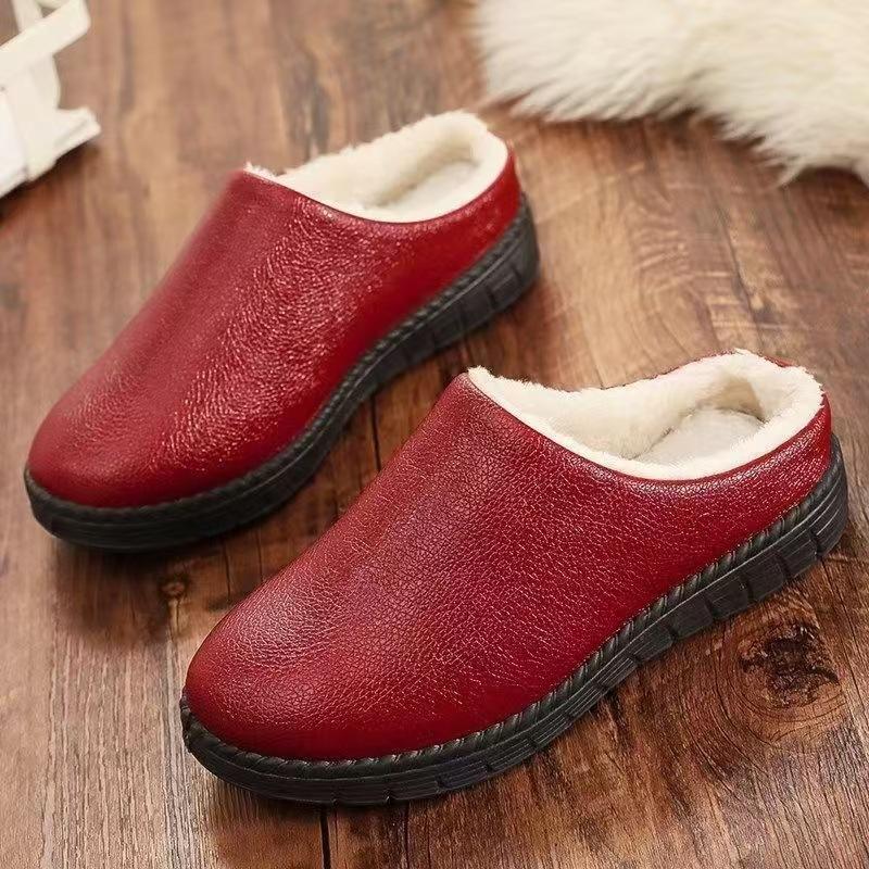 Осенне-зимние новые бархатные хлопковые тапочки из ПУ, водонепроницаемые, для пары, для дома, полпакеты с тапочками, с круглым носком, с толстой подошвой, кожаные тапочки