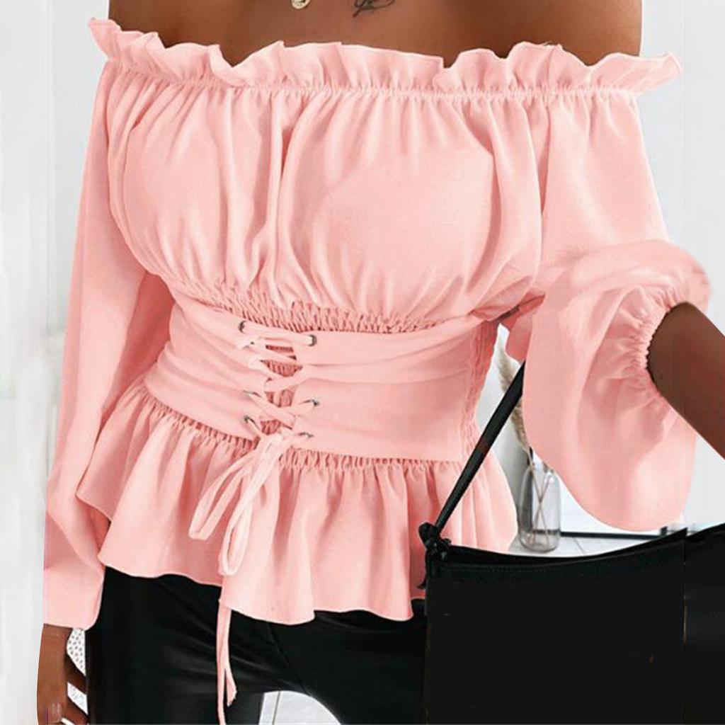 Модная женская однотонная рубашка без бретелек с длинными рукавами и рюшами на шнурке