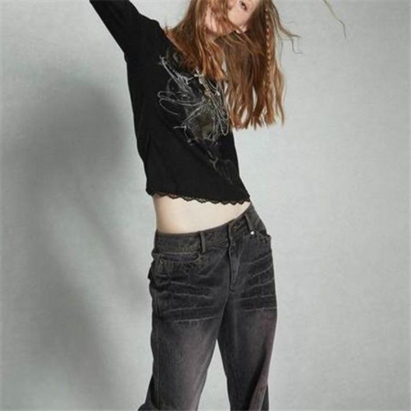 Панк Винтаж Уличная одежда Футболки Женские Американские Ретро Harajuku Дизайн Y2k Графика Длинные рукава Тонкие футболки Топы