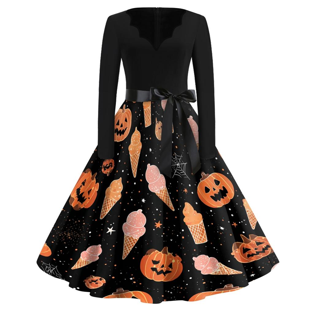 Women's Vintage Halloween Print V Neck Dress Long Sleeve Retro Fit and Flare Dress with Waist Tie Belt Casual Party Dress