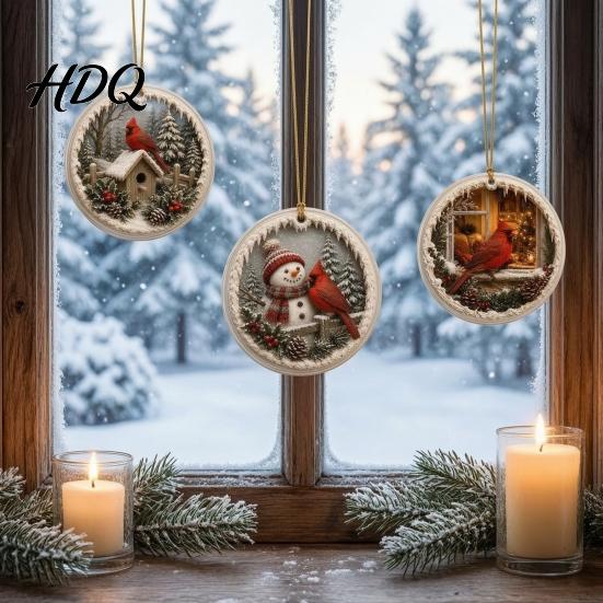 Festive Hanging Decor Acrylic Christmas Red Bird Ornament Snow Scene Pattern Xmas Tree Nature Inspired Seasonal Decorations Decor Retro Round