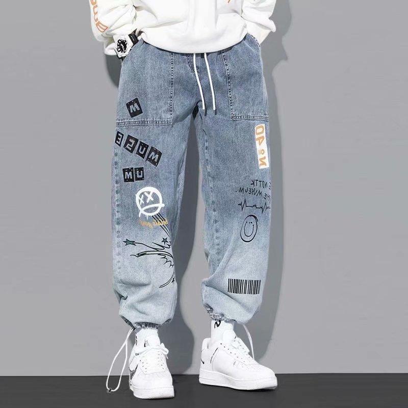 Men's Lettered Print Jeans Loose Cartoon Graffiti Leggings Drawstring Pants
