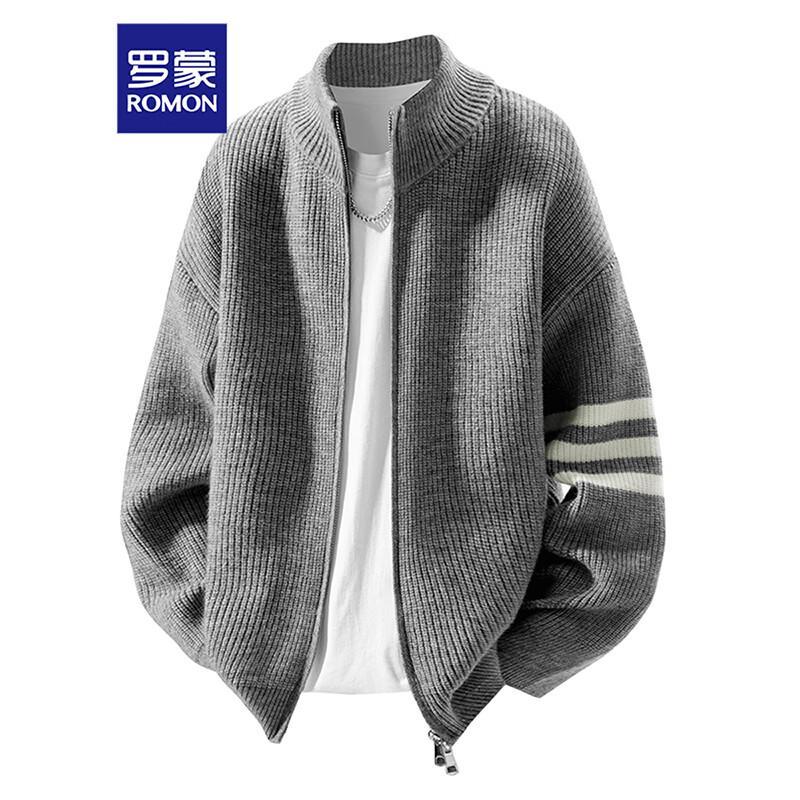 ROMON Men's Stand-Collar Striped Knit Cardigan