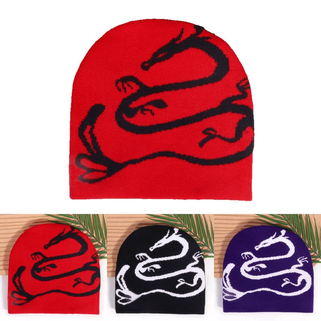 Street Style Knitted Cap With Dragon Animal Pattern For Cold Seasons