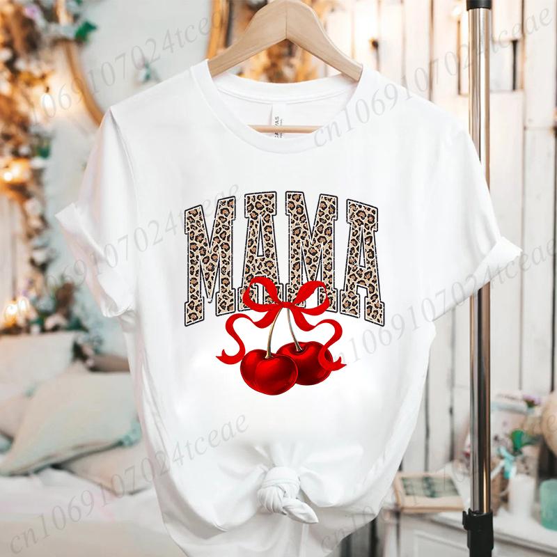 Women Fashion T Shirt Cherry Mama Print Girl Funny Tops Womens Casual TShirt Tops Cherry Bow Mama Tee Aesthetic Mom Clothes