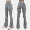 Women Flared Pants Elastic High Waist Wide Leg Casual Trousers with Flap Pockets Solid Color Cargo Pants Daily Wear