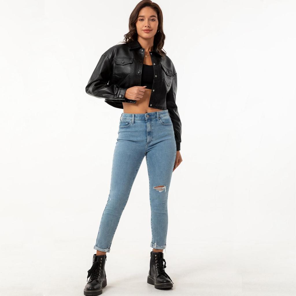 Women’s Jackets Faux Leather Long Sleeves Single Breasted Crop Top Punk Jacket Short Motorcycle Coat Fashion Out Wear