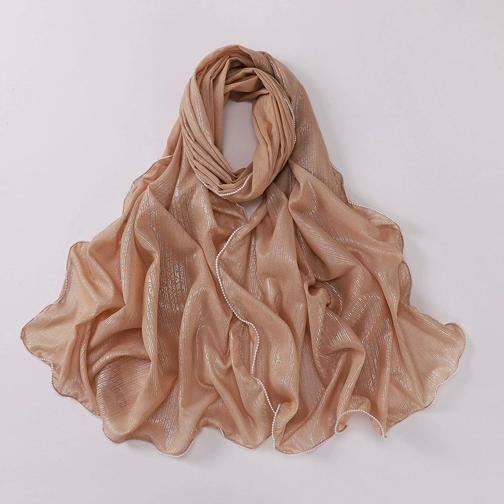 Chiffon Gold and Silver Wire Light Thin Women's Casual Pearl Edge Shawl Headscarf Hijab Scarves