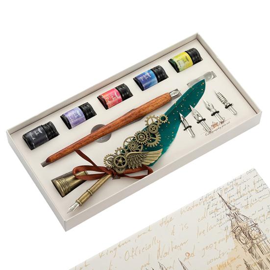1 Set Useful Gear Decoration Exquisite Fadeless Comfortable Grip Feather Pen Kit for Office Quill