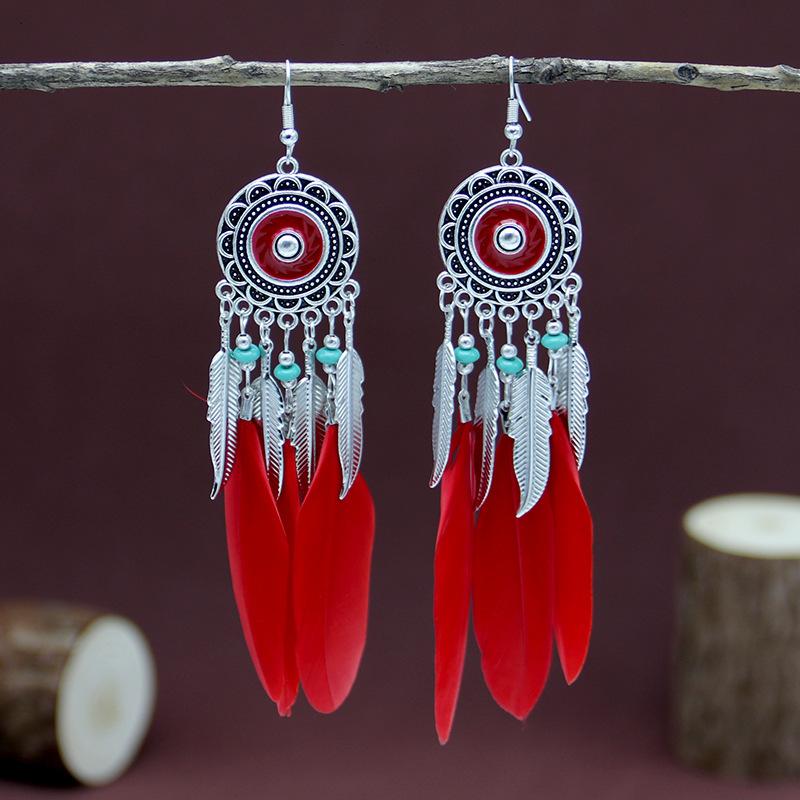 Этнический стиль длинные серьги с перьями и бахромой красные женские модные ретро-серьги в национальном стиле праздничные фотоукрашения